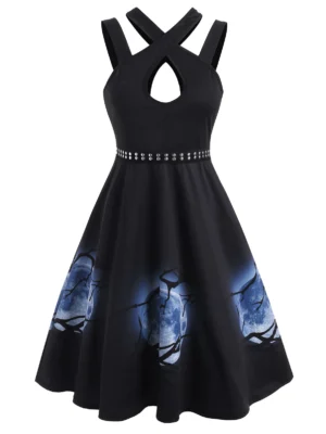 Halloween Moon Print Rivet Keyhole Sleeveless Dress