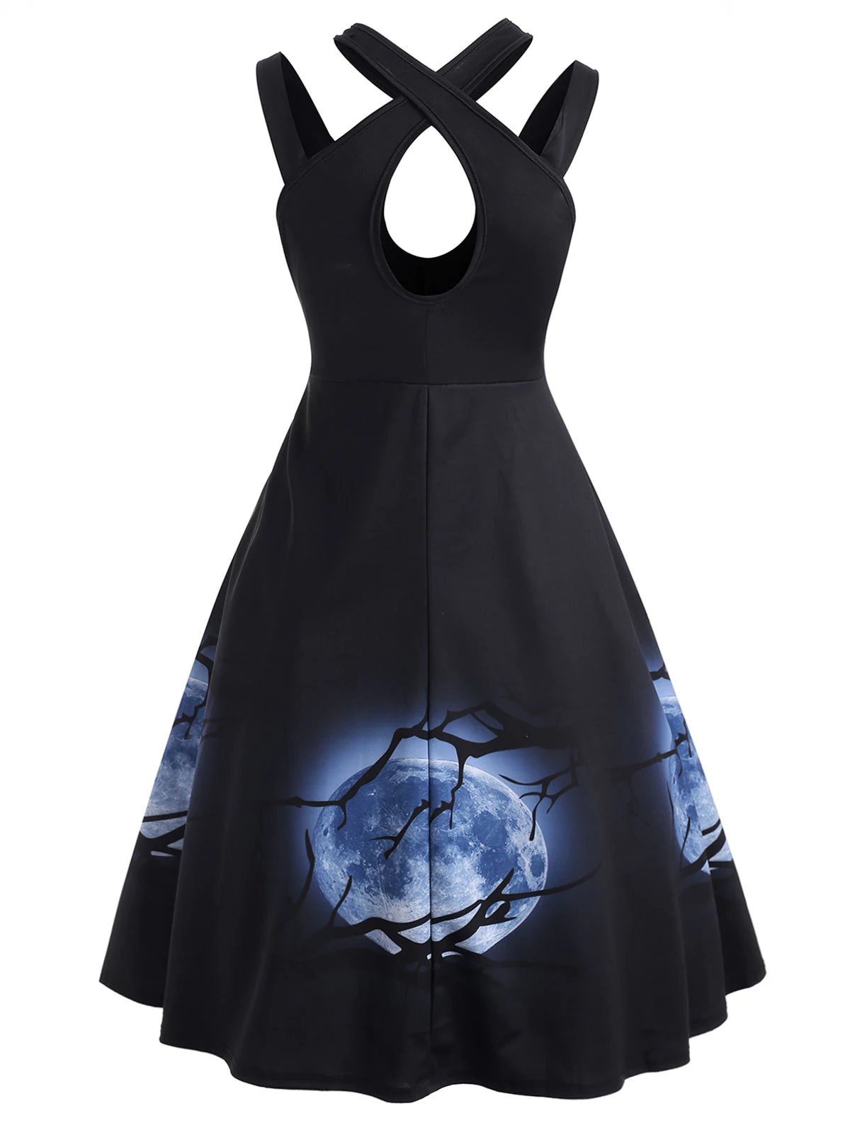 Halloween Moon Print Rivet Keyhole Sleeveless Dress