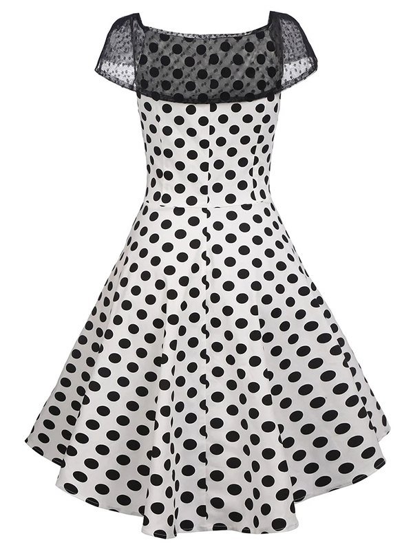 Polka Dot Lace Insert Tied Cap Sleeve Vintage Dress