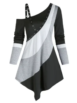 Colorblock Open Shoulder Grommet Asymmetrical Longline T Shirt