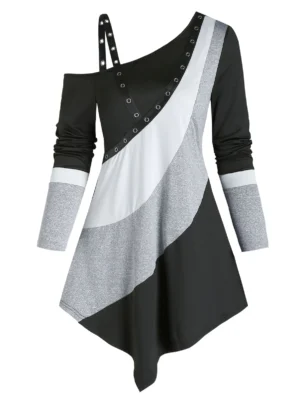 Colorblock Open Shoulder Grommet Asymmetrical Longline T Shirt