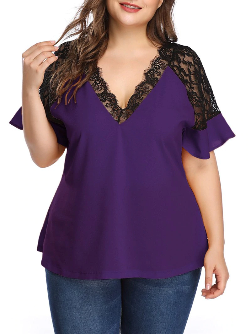 Plus Size Contrast Lace Low Cut Blouse