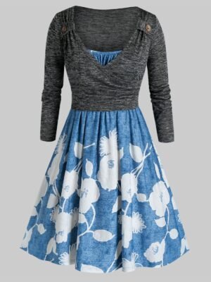 Plus Size Flower Cami Dress and Surplice T-shirt Set