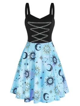 Metal Chain Starry Print High Waist Cami Dress