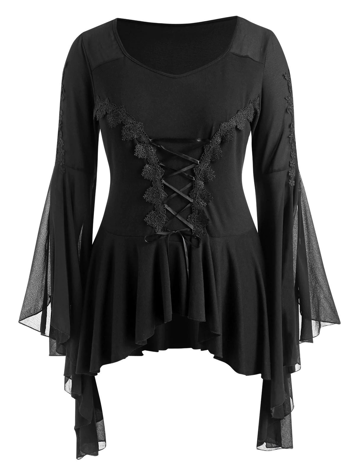 Plus Size Lace Applique Lace-up Voluminous Sleeve Asymmetrical G