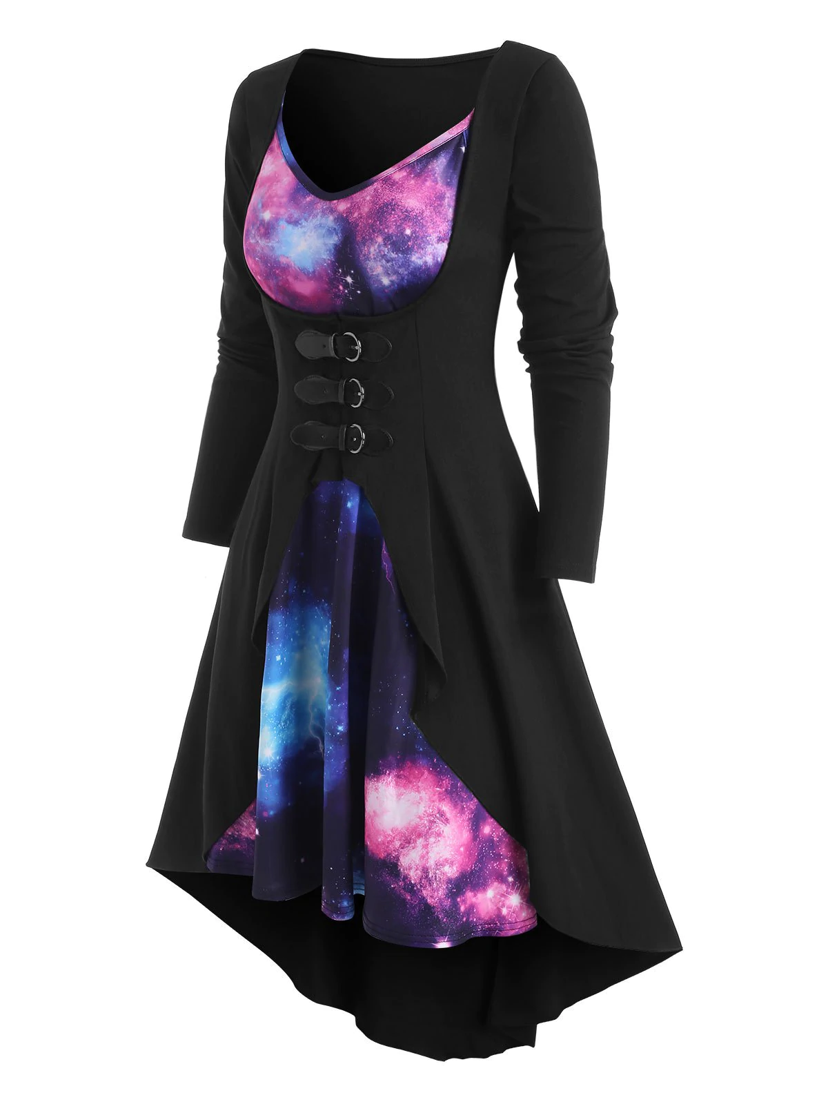 Galaxy Print Dress and Buckled Duster Coat Set