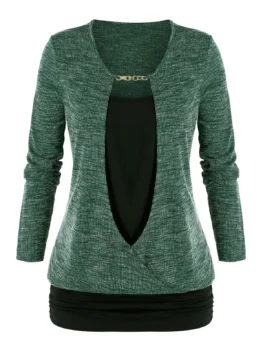 Plus Size Chain Embellished Mixed-media Ruched Sweater