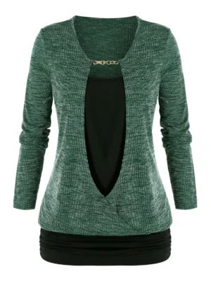 Plus Size Chain Embellished Mixed-media Ruched Sweater