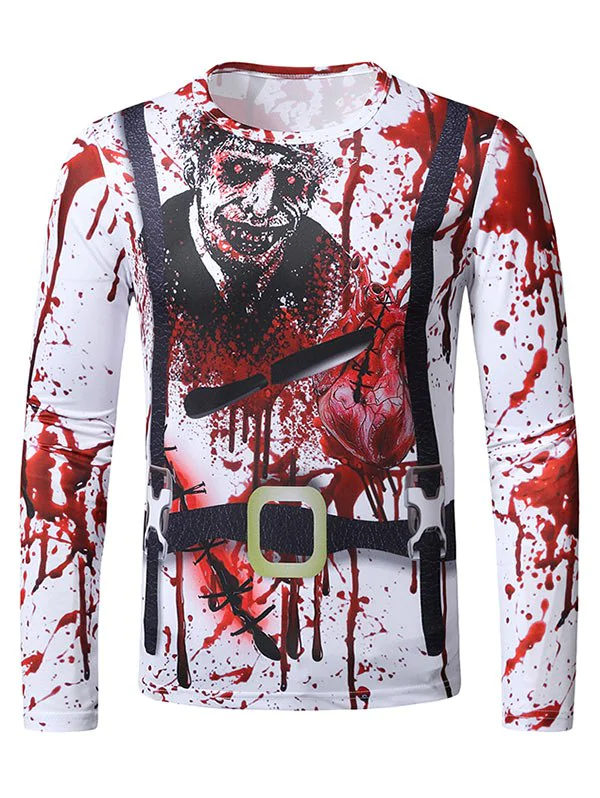 Halloween Stab Heart Faux Suit Print Crew Neck Slim T Shirt