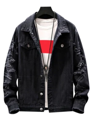Mock Button Ripped Button Up Denim Jacket