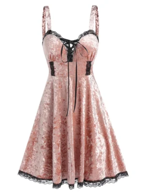 Gothic Velour Lace Panel Sweetheart Neck Dress
