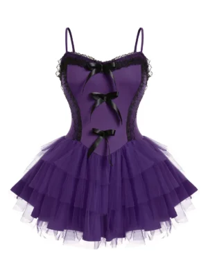 Plus Size Tulle Lace Panel Bowknot Cami Babydoll
