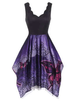 Lace Overlay Butterfly Flower Print Scalloped Handkerchief Dress
