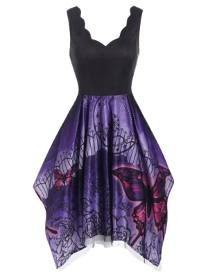 Lace Overlay Butterfly Flower Print Scalloped Handkerchief Dress