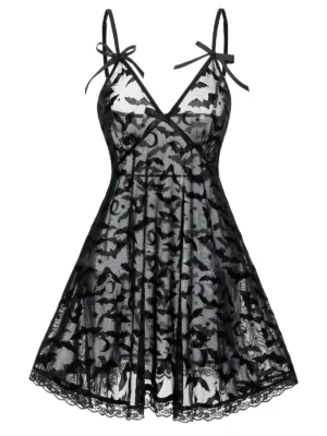 Plus Size Bat Mesh Sheer Lace Hem Cami Babydoll Set