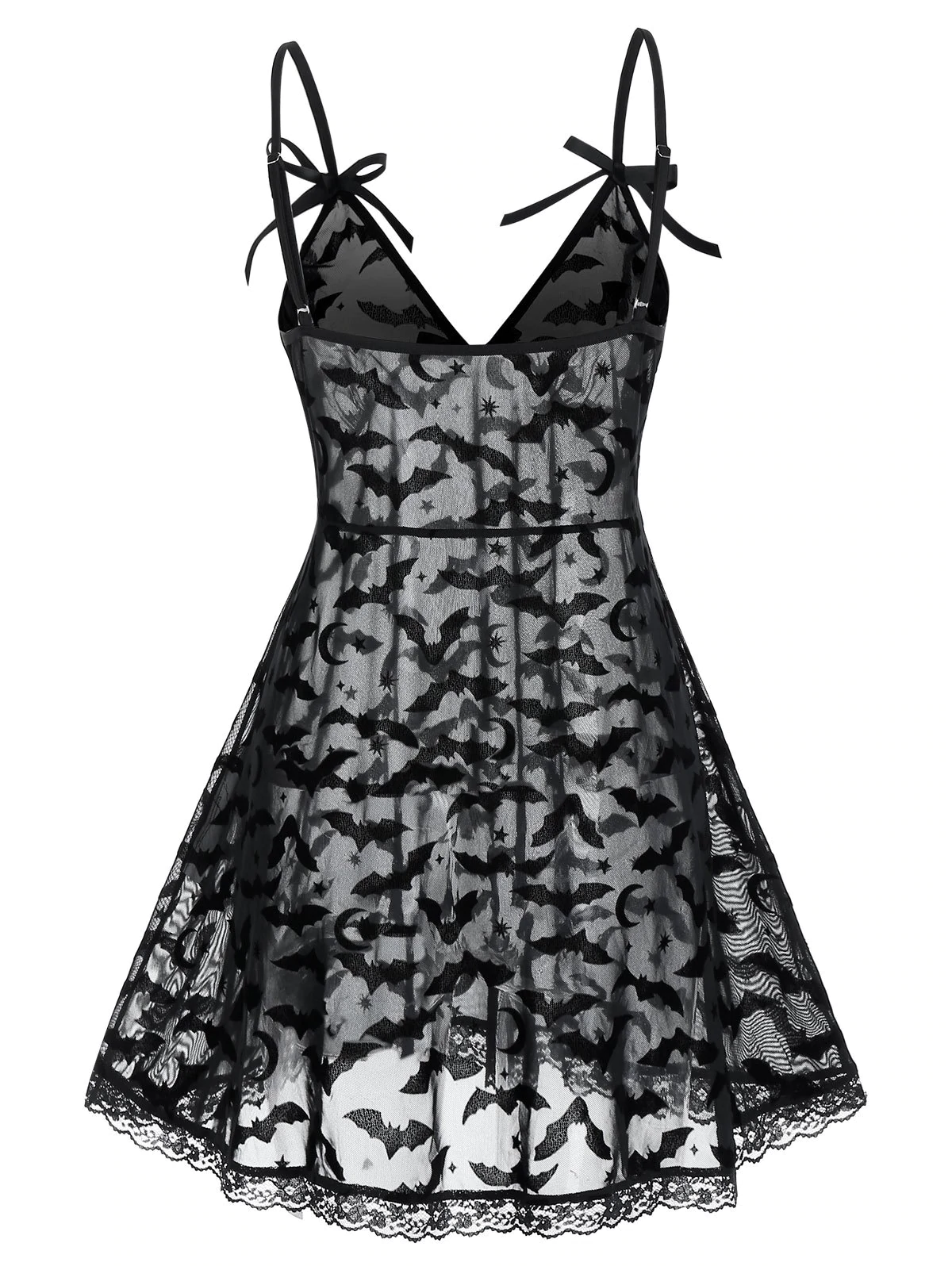 Plus Size Bat Mesh Sheer Lace Hem Cami Babydoll Set