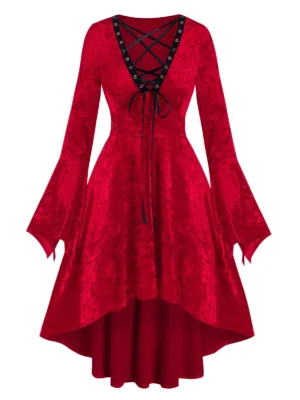 Gothic Lace-up Bell Sleeve High Waist Dress