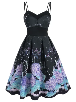 Galaxy Flower Elf Print Dual Strap Sleeveless Dress