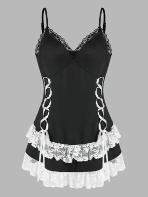 Plus Size Lace-up Lace Ruffle Cami Lingerie Babydoll Set