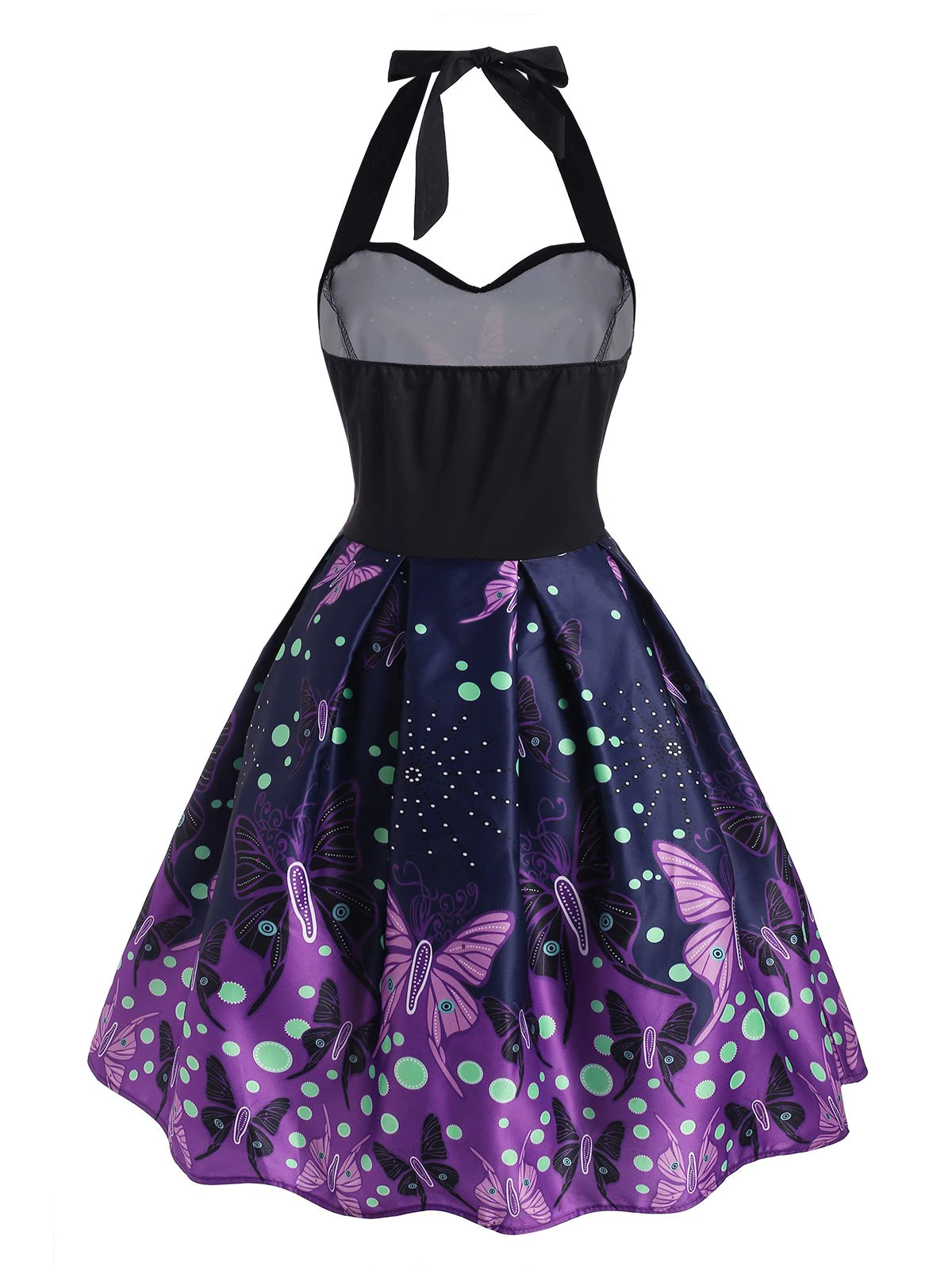 Halter Butterfly Print Polka Dot Empire Waist Dress