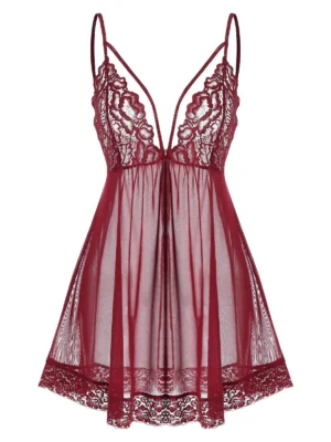 Plus Size Open Back Sheer Mesh Babydoll Set