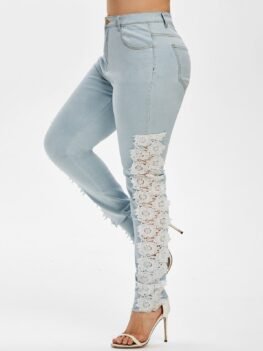 Plus Size Faded Lace Panel Jeans