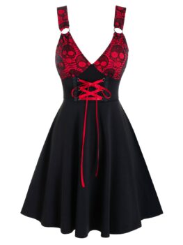 Gothic Skull Pattern Two-tone Lace-up Dress