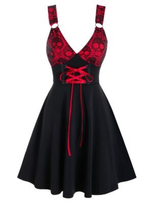 Gothic Skull Pattern Two-tone Lace-up Dress