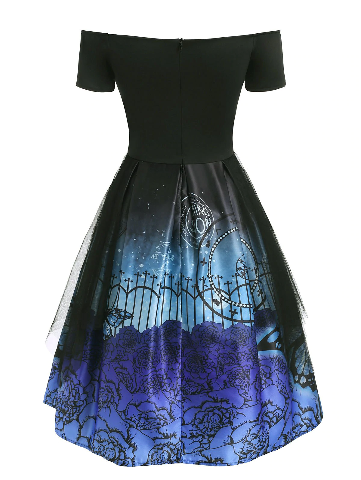 Flower Butterfly Print Bowknot Lace Insert Dress