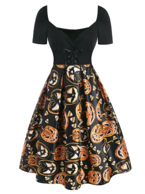 Halloween Pumpkin Lace Up Plunging Dress