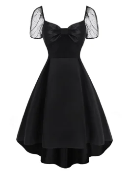 Lace Puff Sleeve Bowknot High Low Dress