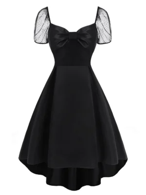 Lace Puff Sleeve Bowknot High Low Dress