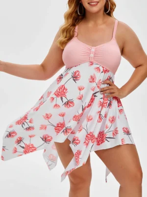 Plus Size Handkerchief Floral Print Empire Tankini Swimwear