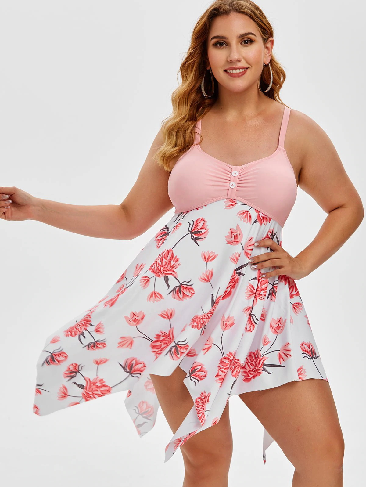 Plus Size Handkerchief Floral Print Empire Waist Tankini Swimwea