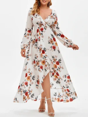 Plus Size Ruffled High Low Floral Print Dress