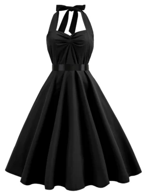 Halter Smocked Back Ruched 1950s Dress