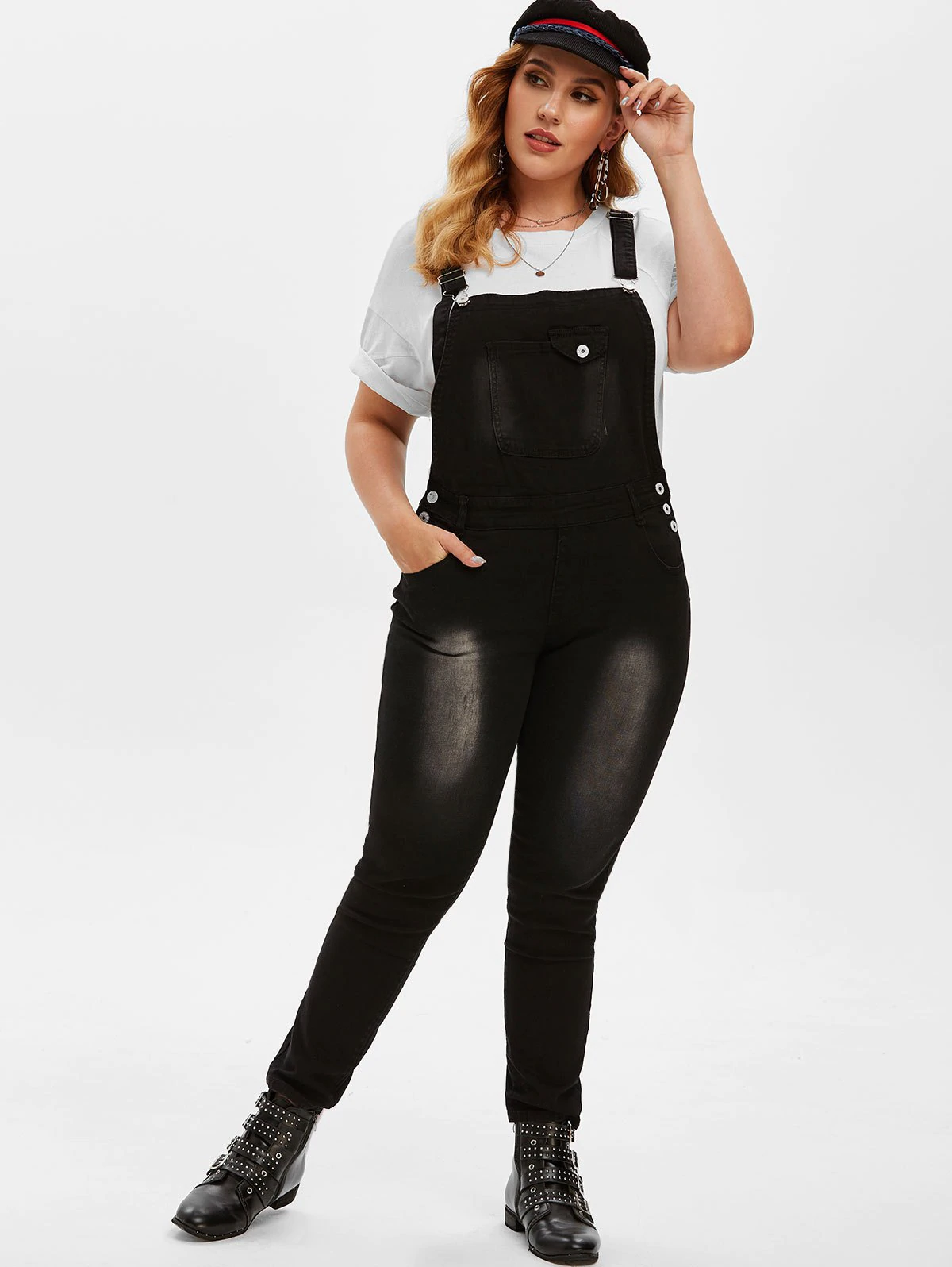 Plus Size Stone Wash Pocket Skinny Dungarees