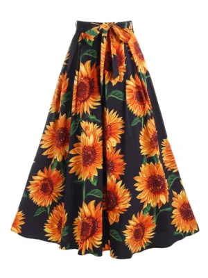 Sunflower Print Belted Maxi Skirt