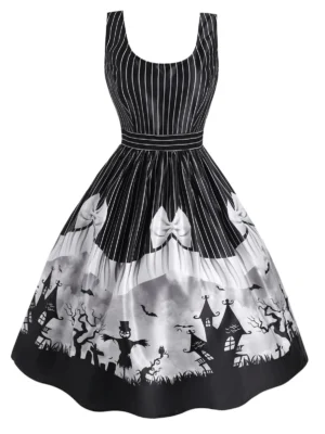 Halloween Striped Castle Bowknot Print Sleeveless Dress