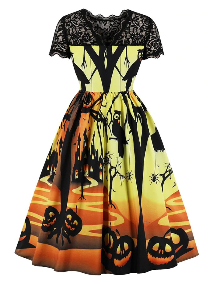 Pumpkin Spider Print Halloween Retro Dress with Lace