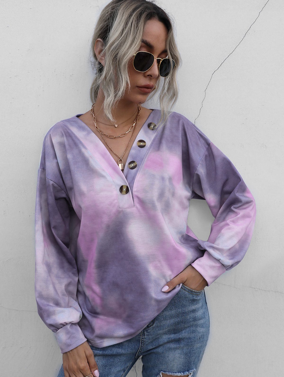 Tie Dye Mock Button Drop Shoulder Sweatshirt