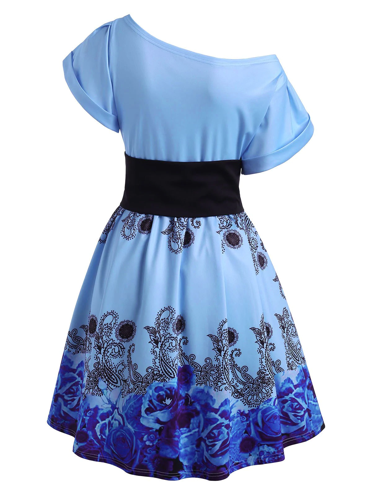 Flower Cuffed Sleeve Skew Collar Belted Dress