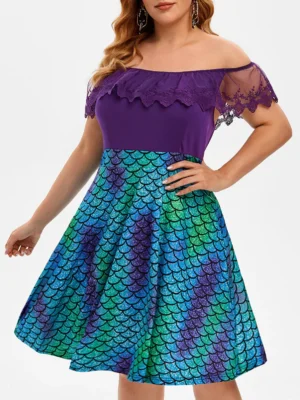 Off Shoulder Embroidered Mesh Mermaid Print Plus Size Dress