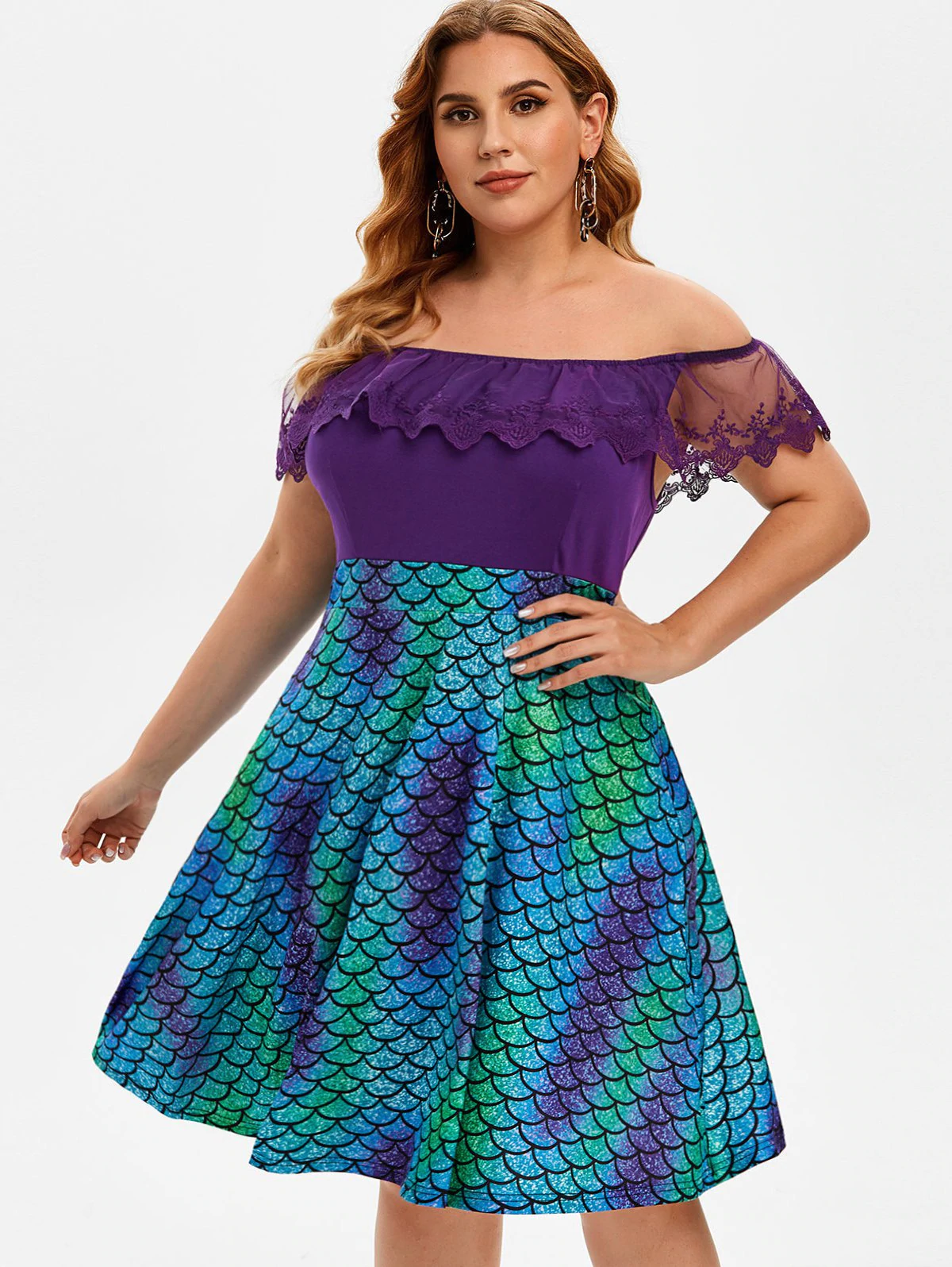 Off Shoulder Embroidered Mesh Panel Mermaid Print Plus Size Dres
