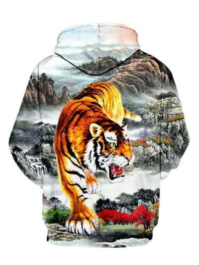 Casual Tiger Landscape Pattern Front Pocket Hoodie