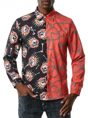 Men’s Contrast Skull & Chain Print Shirt — Split Graphic Long Sleeve