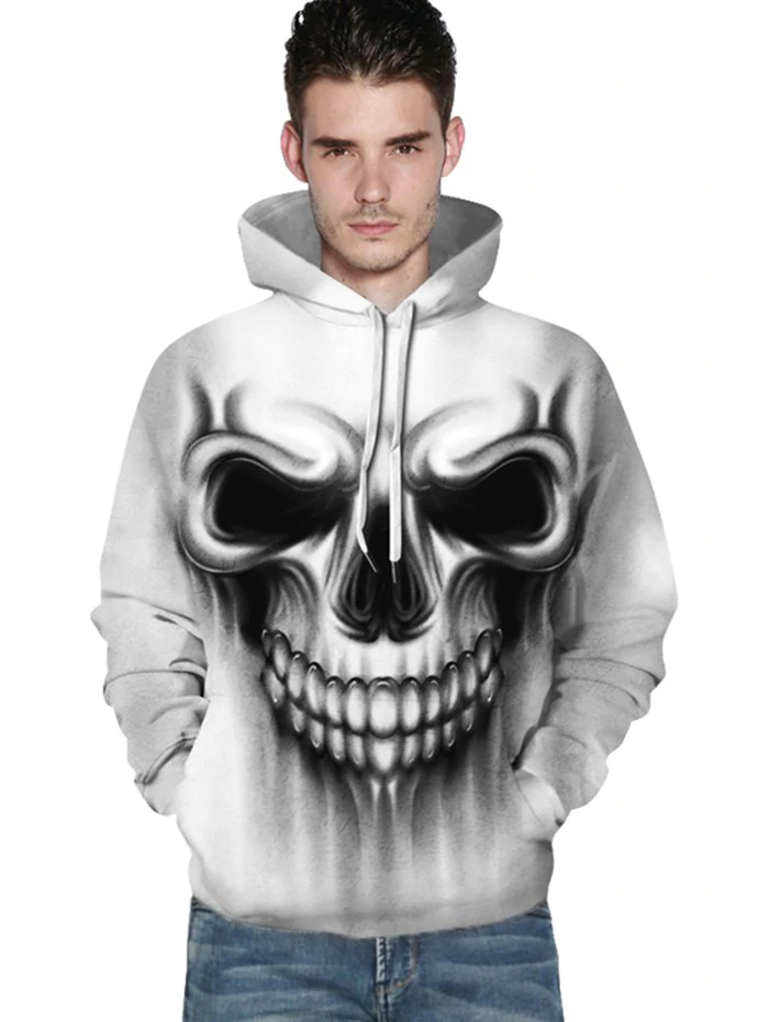 3D Skull Pattern Front Pocket Drawstring Hoodie
