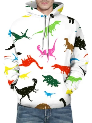Colorful Dinosaur Print Front Pocket Casual Hoodie
