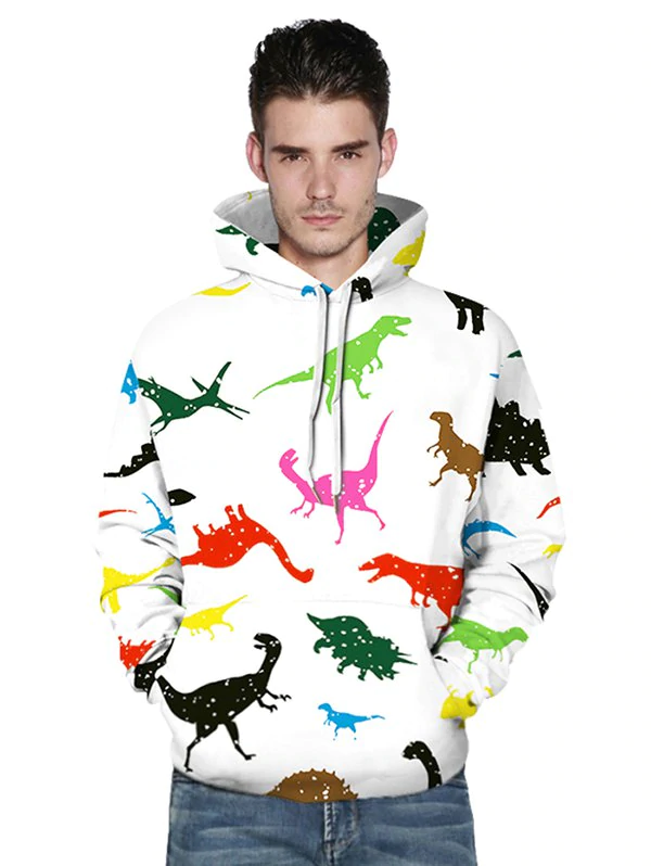 Colorful Dinosaur Print Front Pocket Casual Hoodie