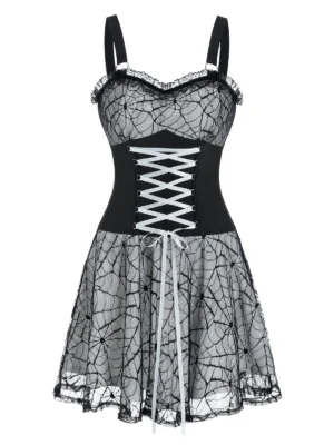 Halloween Sleeveless Lace-up Spider Web Lace Dress